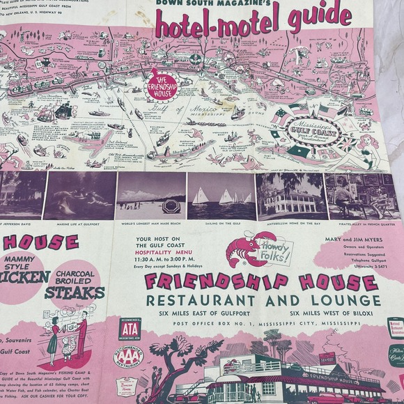 None Other - 1960 Down South's Hotel Motel Guide Friendship House Biloxi MS Fold Out TG8-Z